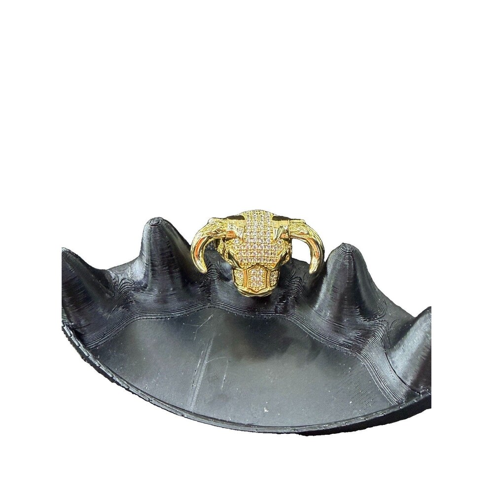 Gold Tone Bull Head Cocktail Ring Green Eyes Textured Pave Look Size 10